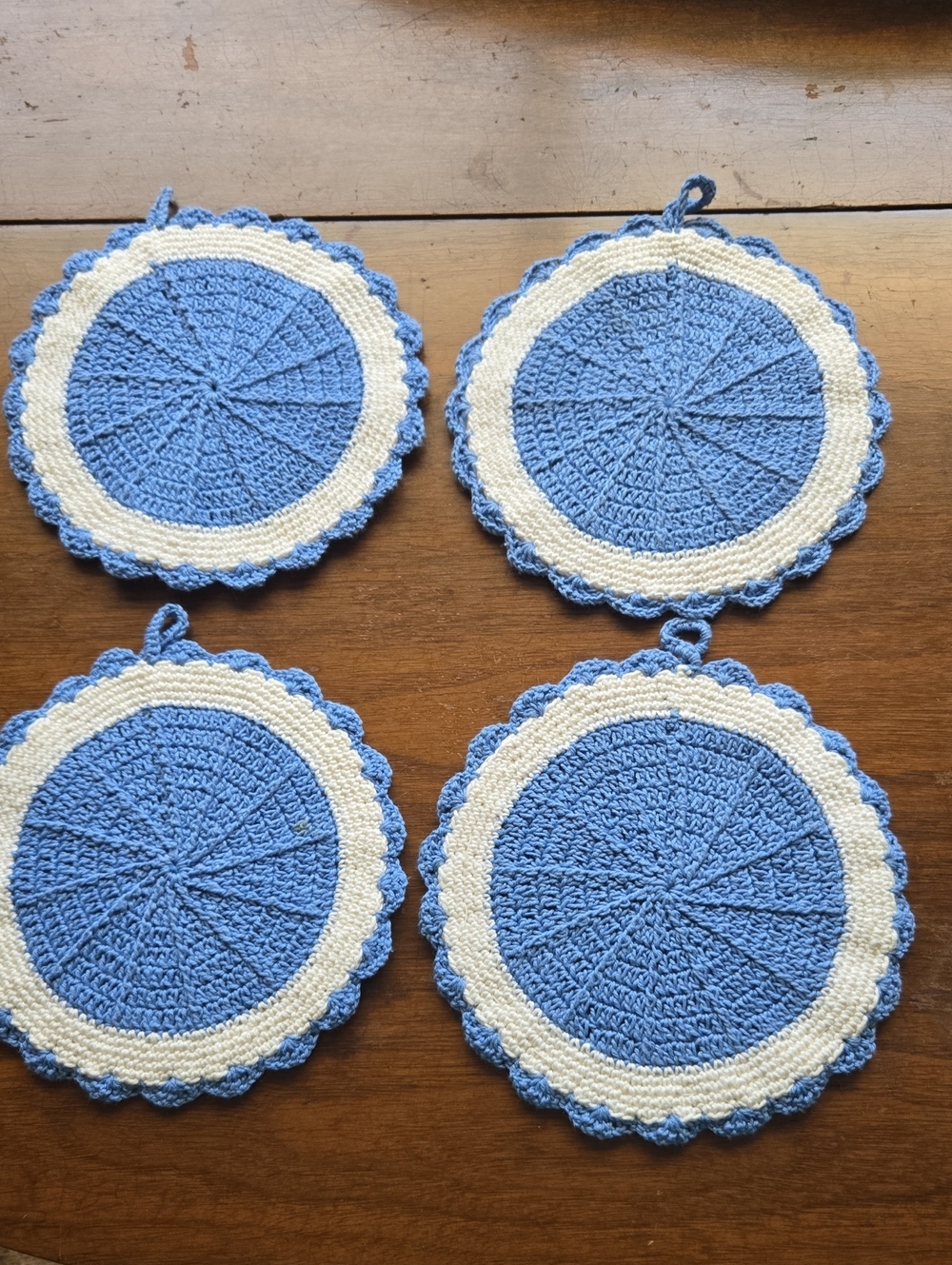 Vintage Handmade Blue and Cream Crochet Pot Holders - Set of 4